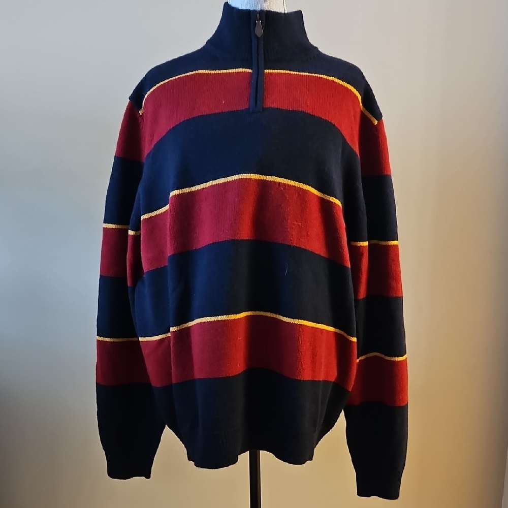Brooks Brothers Red and Black Striped Zip-Up Sweater